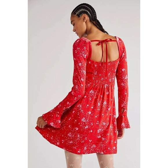 FREE PEOPLE Bell Sleeve Floral Mini Peasant Dress Size large new - Picture 2 of 8